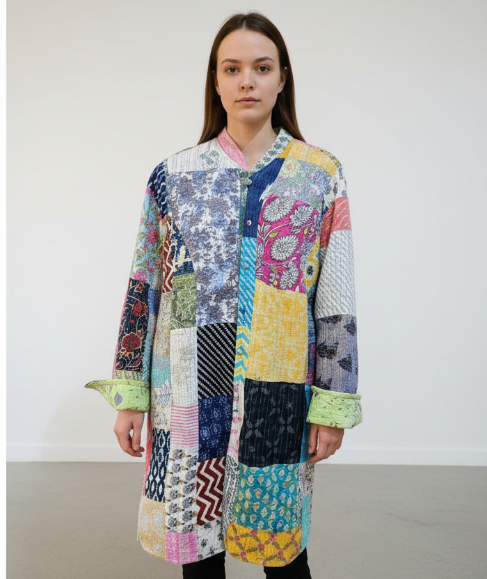 Handmade Green Kantha Long Jacket