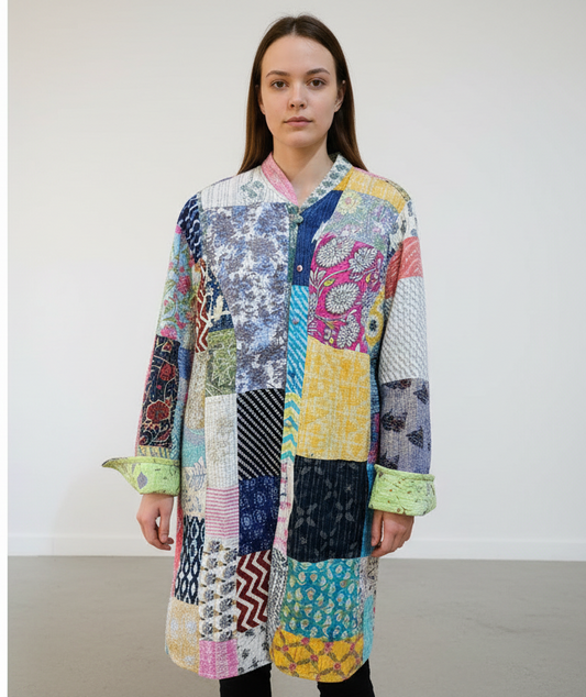 Handmade Green Kantha Long Jacket