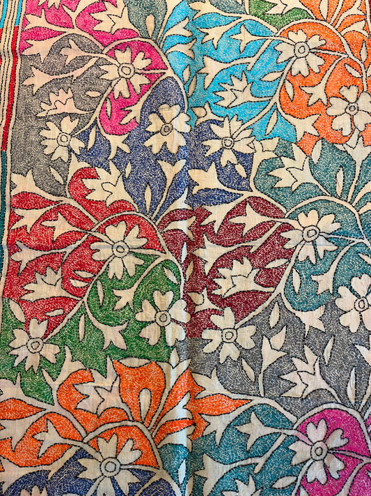 Hand-Embroidered Tusar Silk Stole: Hand-Painted Kantha Stitch