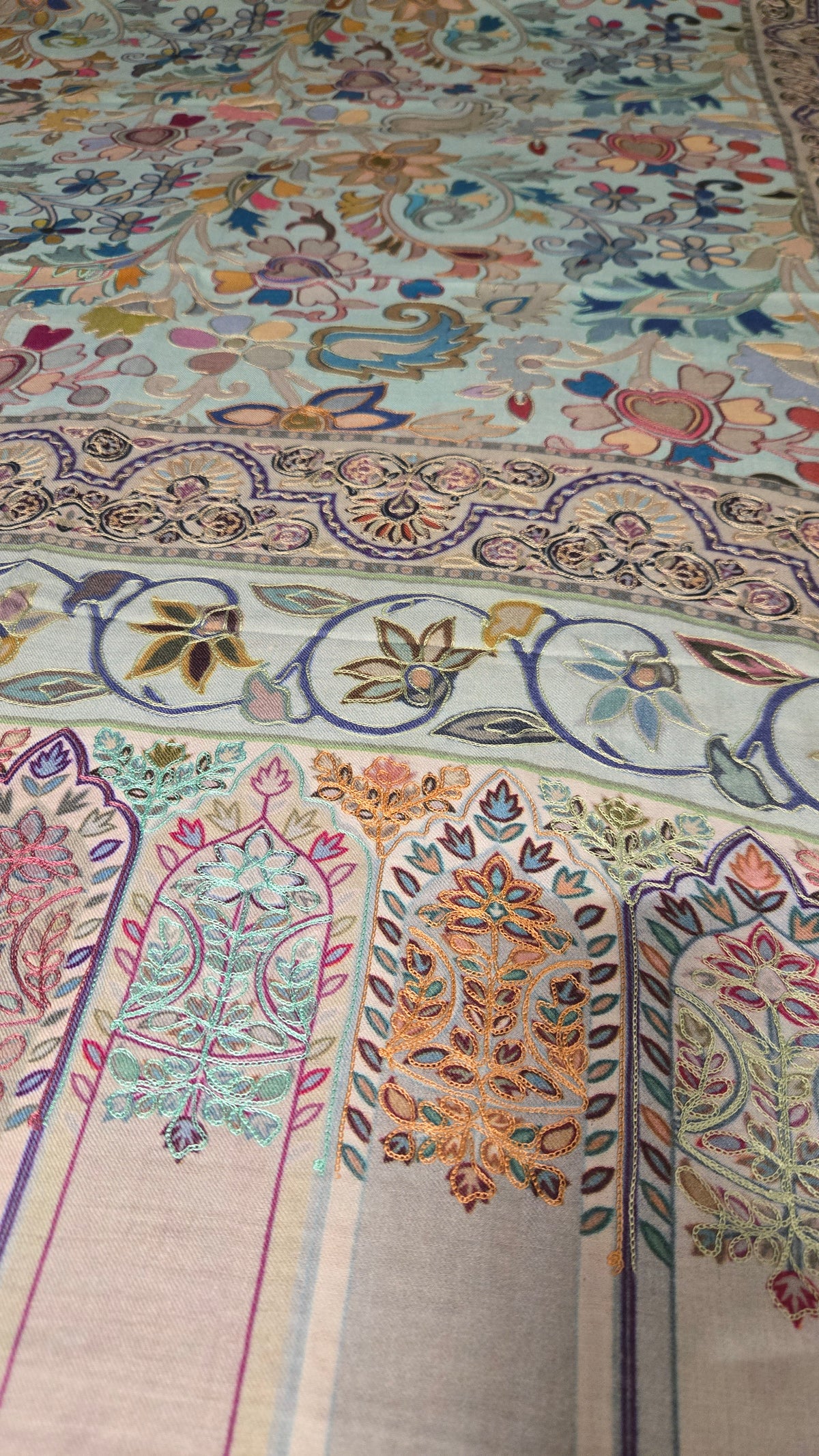 Digital Embroidered Painted Pashmina-Style Scarf in Light Grey | Multicolour Floral Wool Shawl