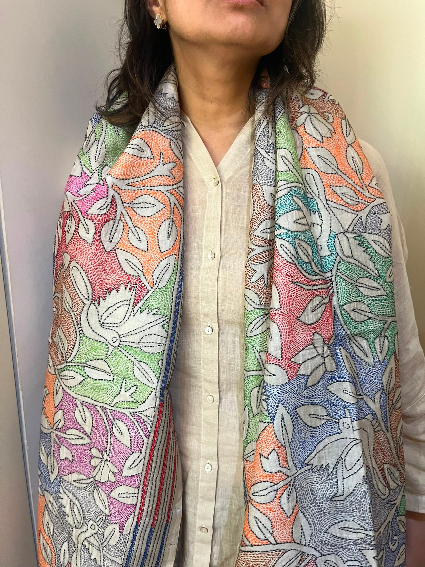 Hand-Embroidered Tusar Silk Stole: Hand-Painted Kantha Stitch