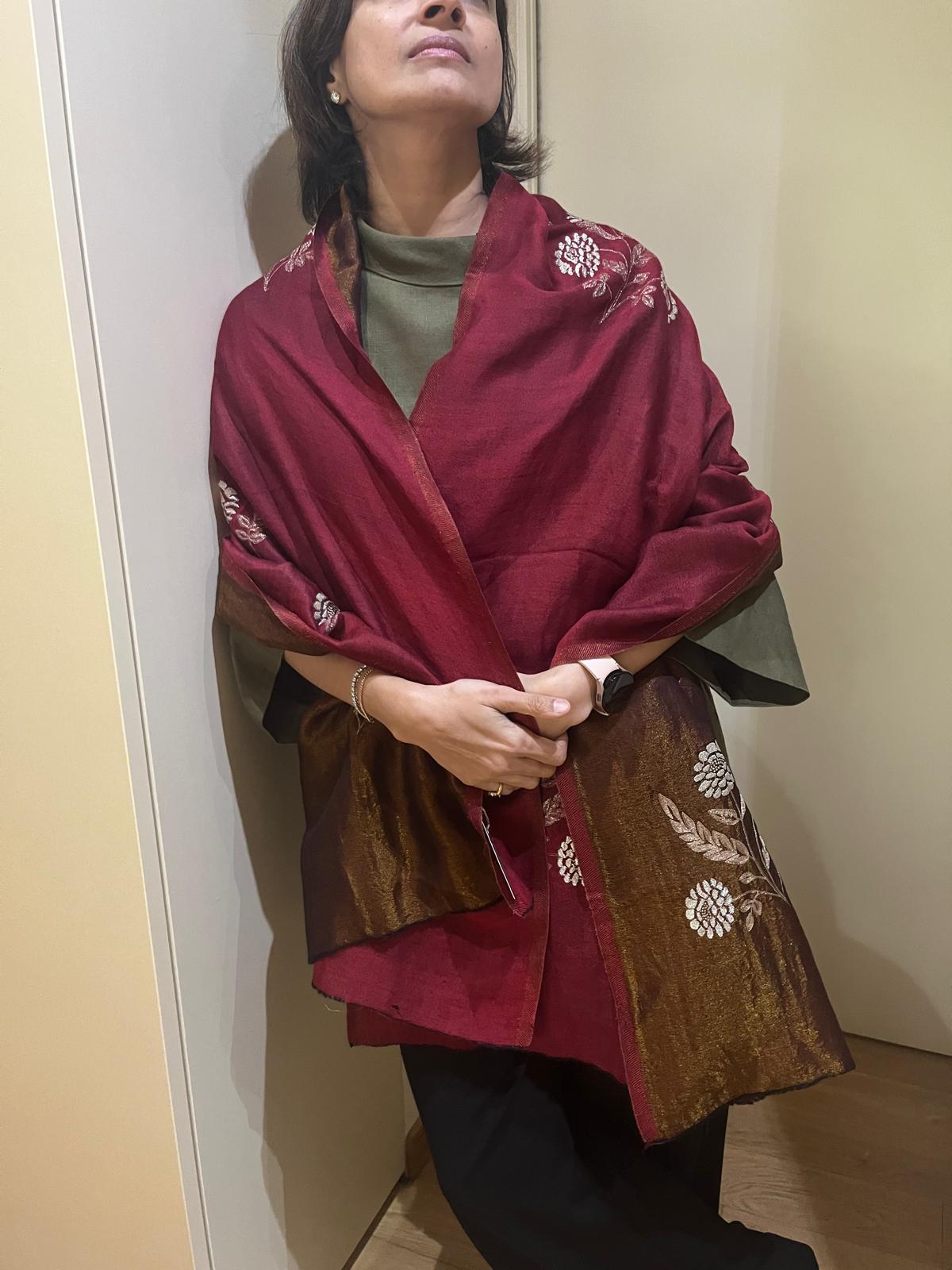 Golden Zari Embroidered Silk Stole in Red Wine & Gold | Two-Tone Lightweight Scarf for Women