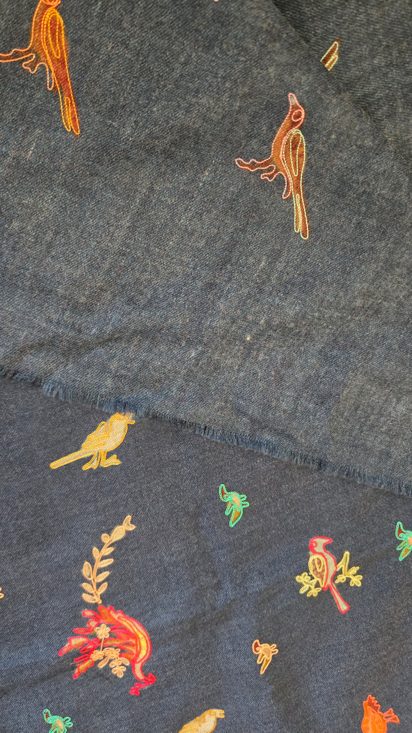 Artisan made embroidered Pashmina wool shawl:  digital embroidery with bird figures