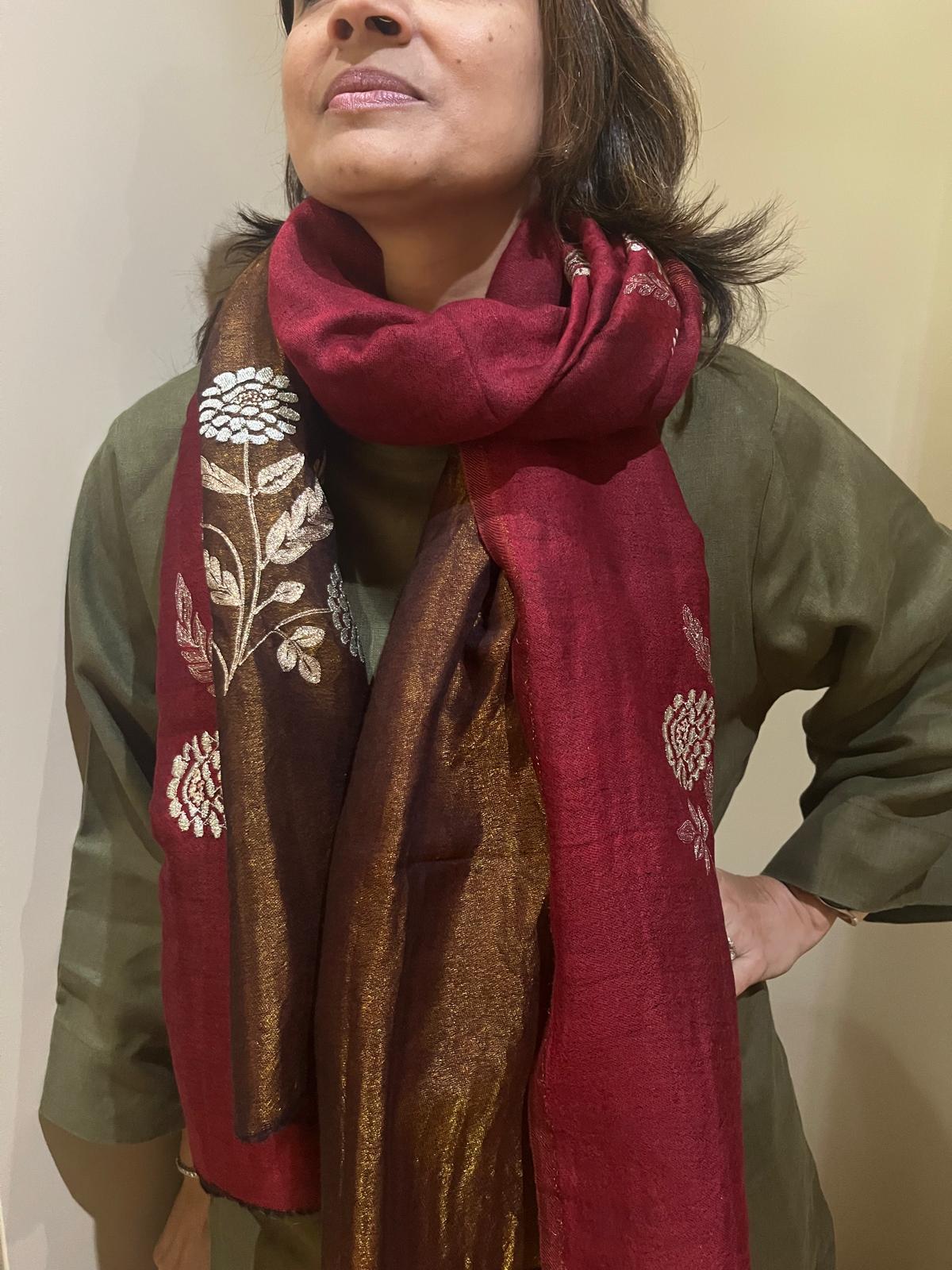 Golden Zari Embroidered Silk Stole in Red Wine & Gold | Two-Tone Lightweight Scarf for Women