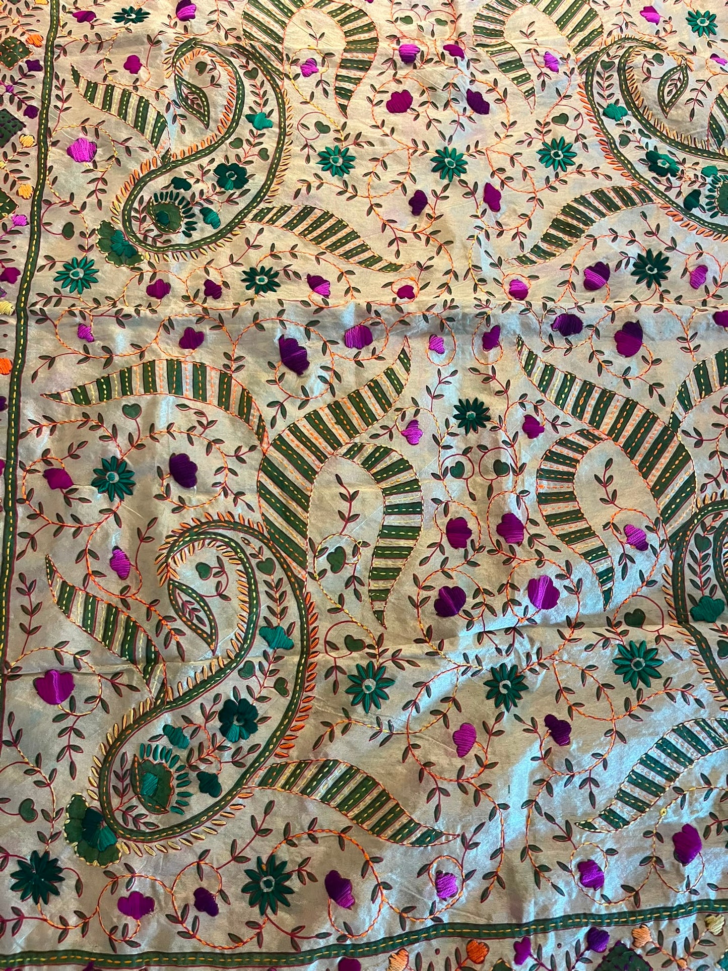 Hand Embroidered Tussar Silk Scarf: Floral Kantha Work Dupatta