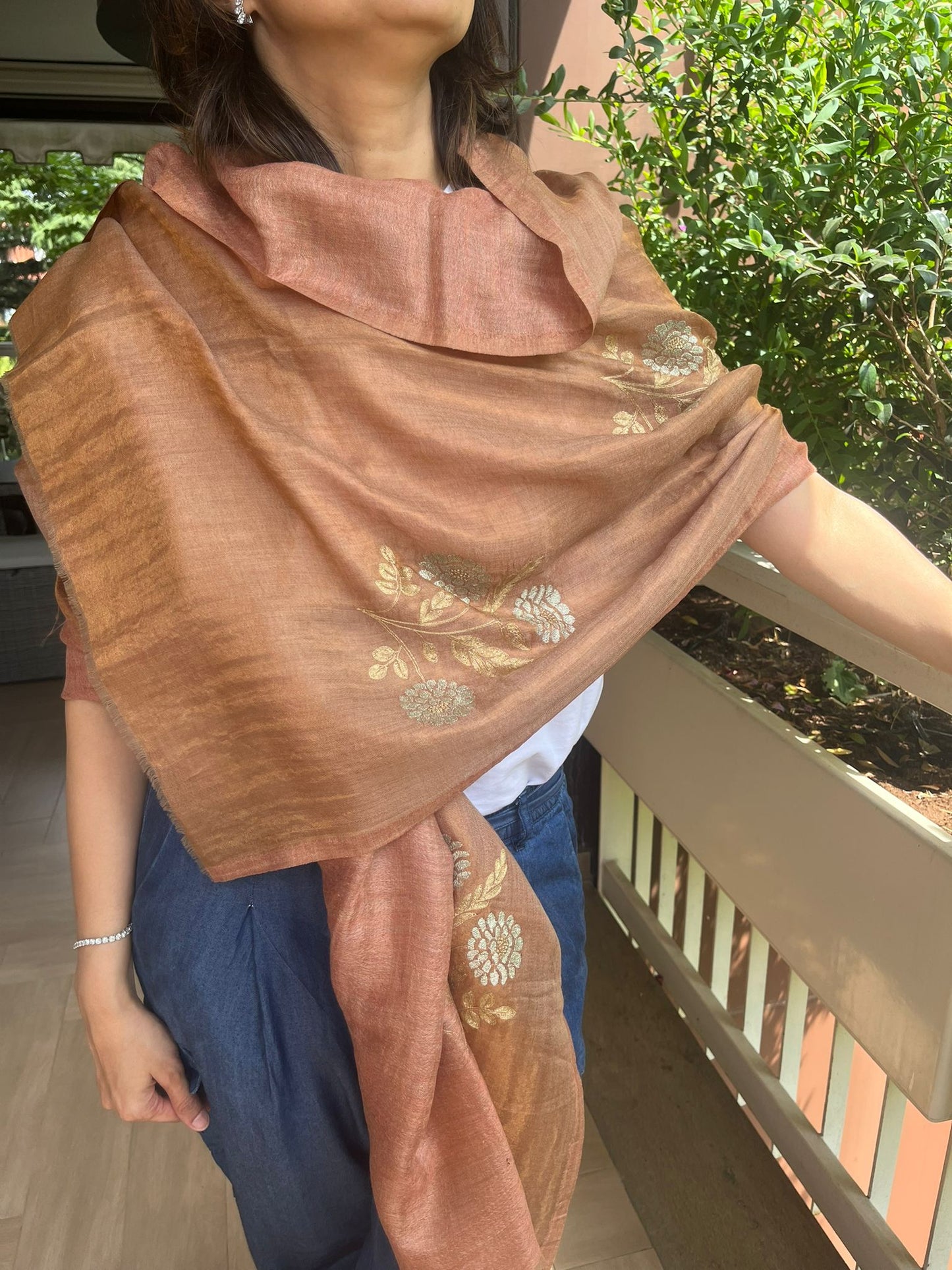 Beautiful two shades golden zari and  peach colour  Silk stole / scarf hand made perfect for all season . Very light and comfortable to car