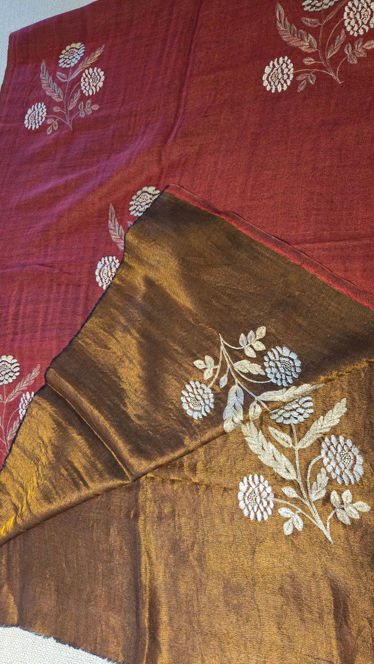 Golden Zari Embroidered Silk Stole in Red Wine & Gold | Two-Tone Lightweight Scarf for Women