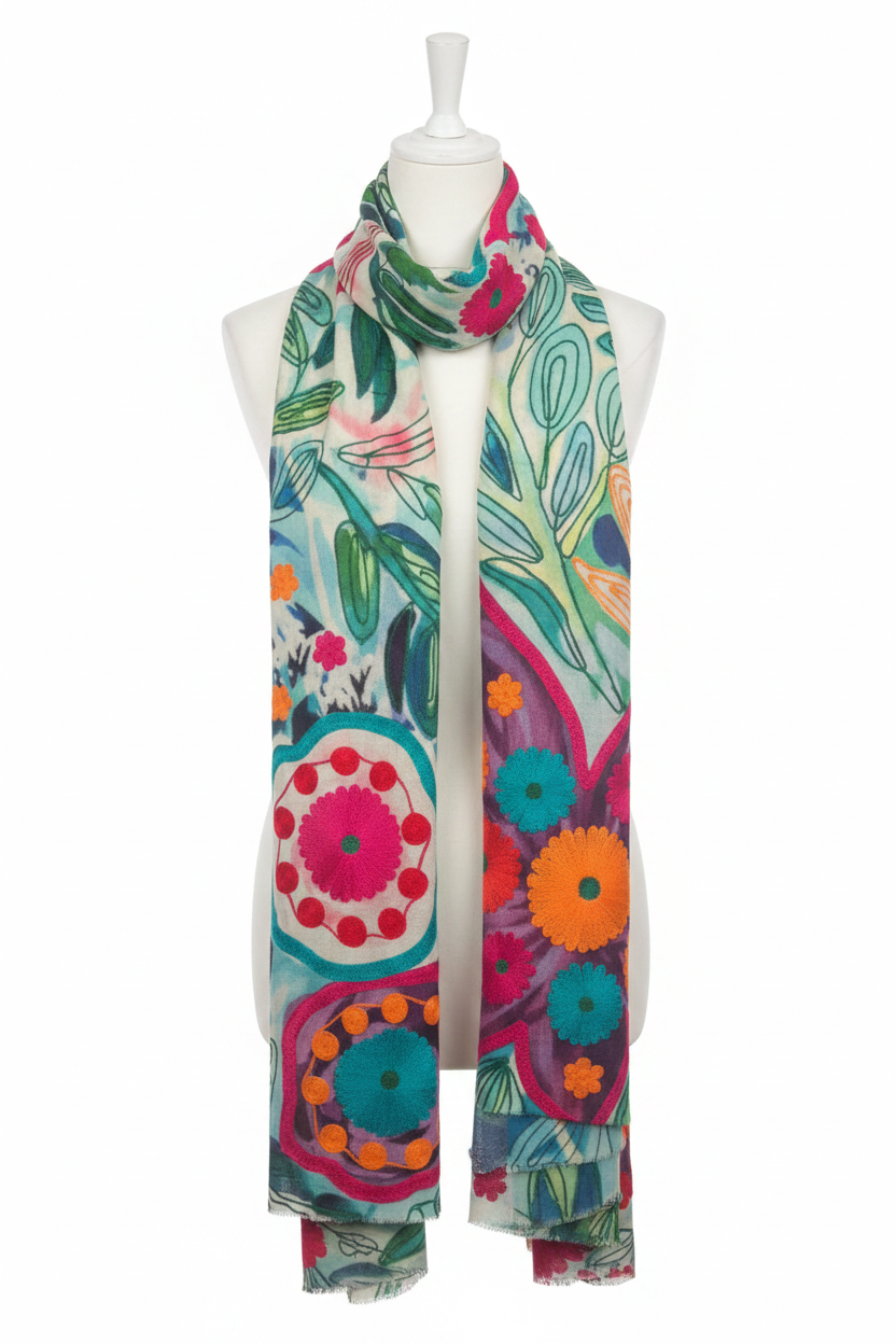 Blossoms of Kashmir: Fine Wool Hand-Embroidered Garden Stole