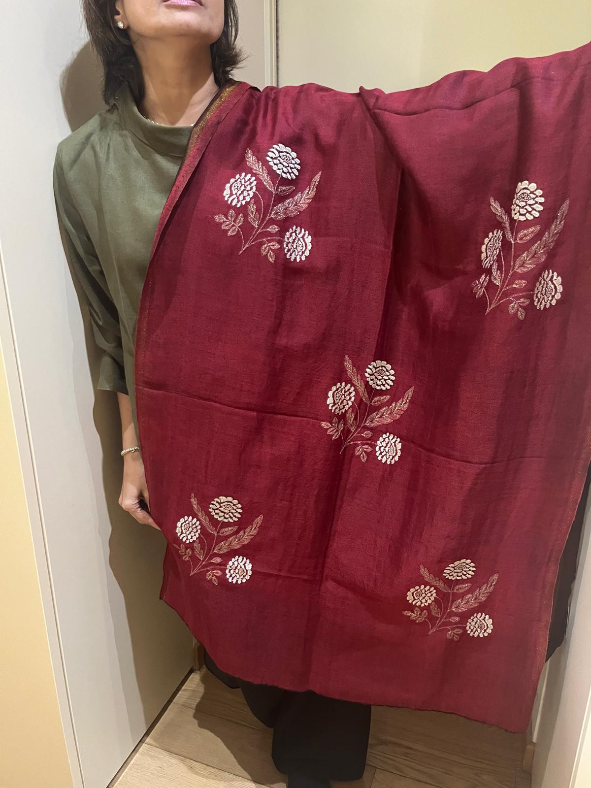 Golden Zari Embroidered Silk Stole in Red Wine & Gold | Two-Tone Lightweight Scarf for Women