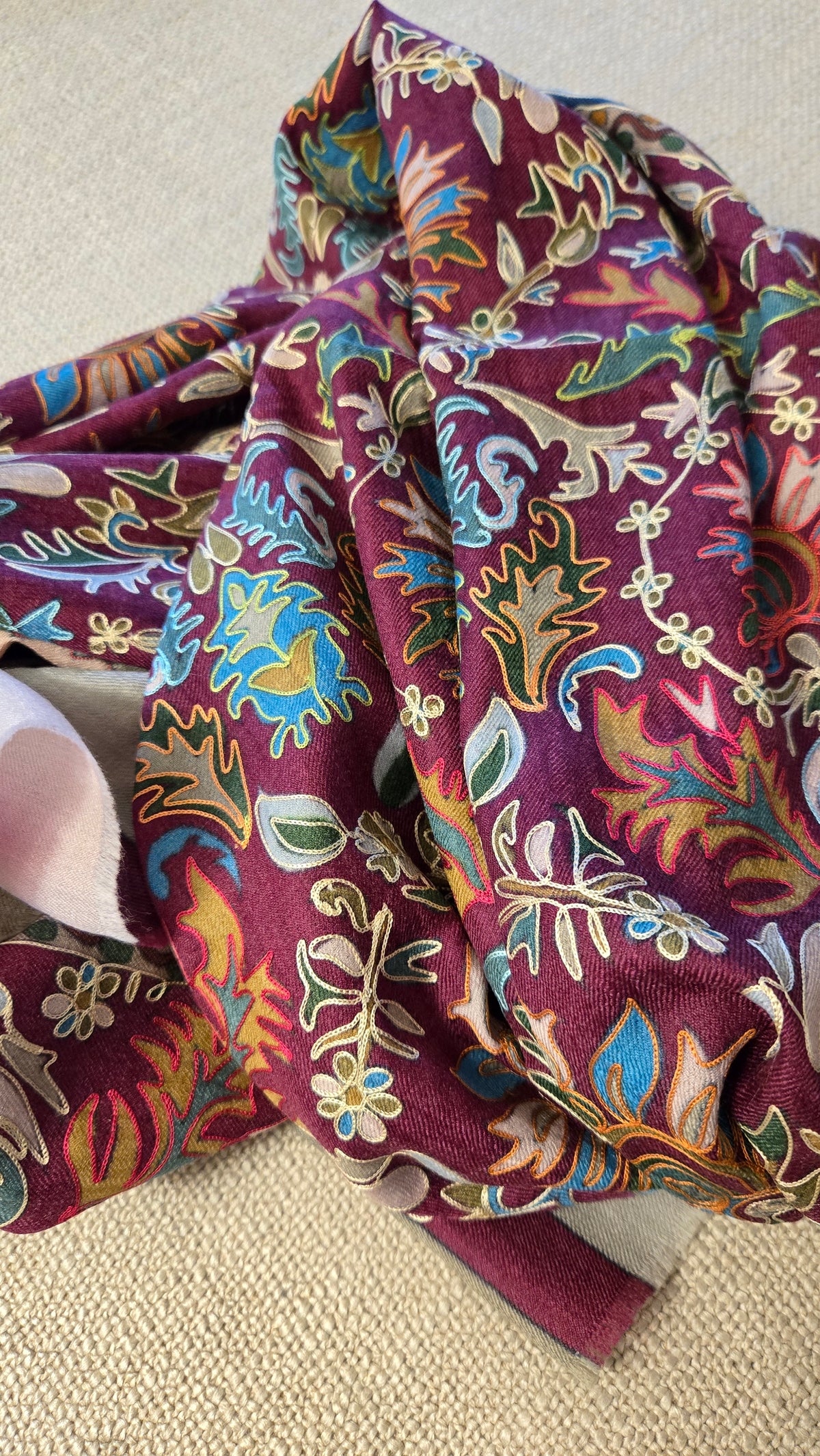 Embroidered Pashmina-Style Wool Shawl in Maroon | Multicolour Floral Digital Embroidery Painted-Look Shawl