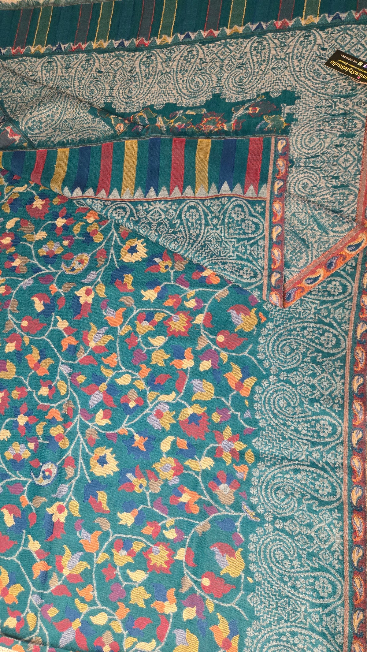 Artisan Made Kani Weave Paisley Shawl in Sea Green | Kashmiri Wool Pashmina-Style Scarf with Multicolour Flowers