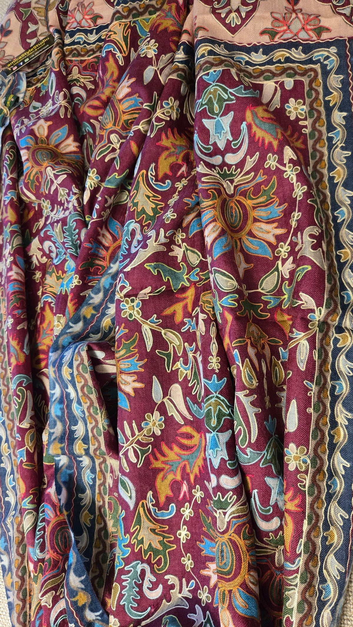 Embroidered Pashmina-Style Wool Shawl in Maroon | Multicolour Floral Digital Embroidery Painted-Look Shawl