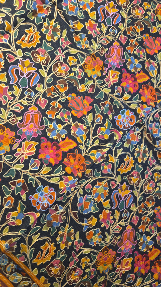 Embroidered Pashmina-Style Wool Shawl in Black | Multicolour Floral Digital Embroidery Kashmiri Shawl