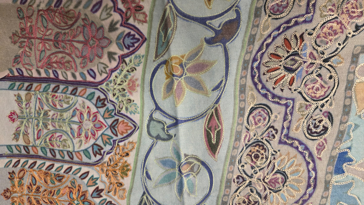 Digital Embroidered Painted Pashmina-Style Scarf in Light Grey | Multicolour Floral Wool Shawl