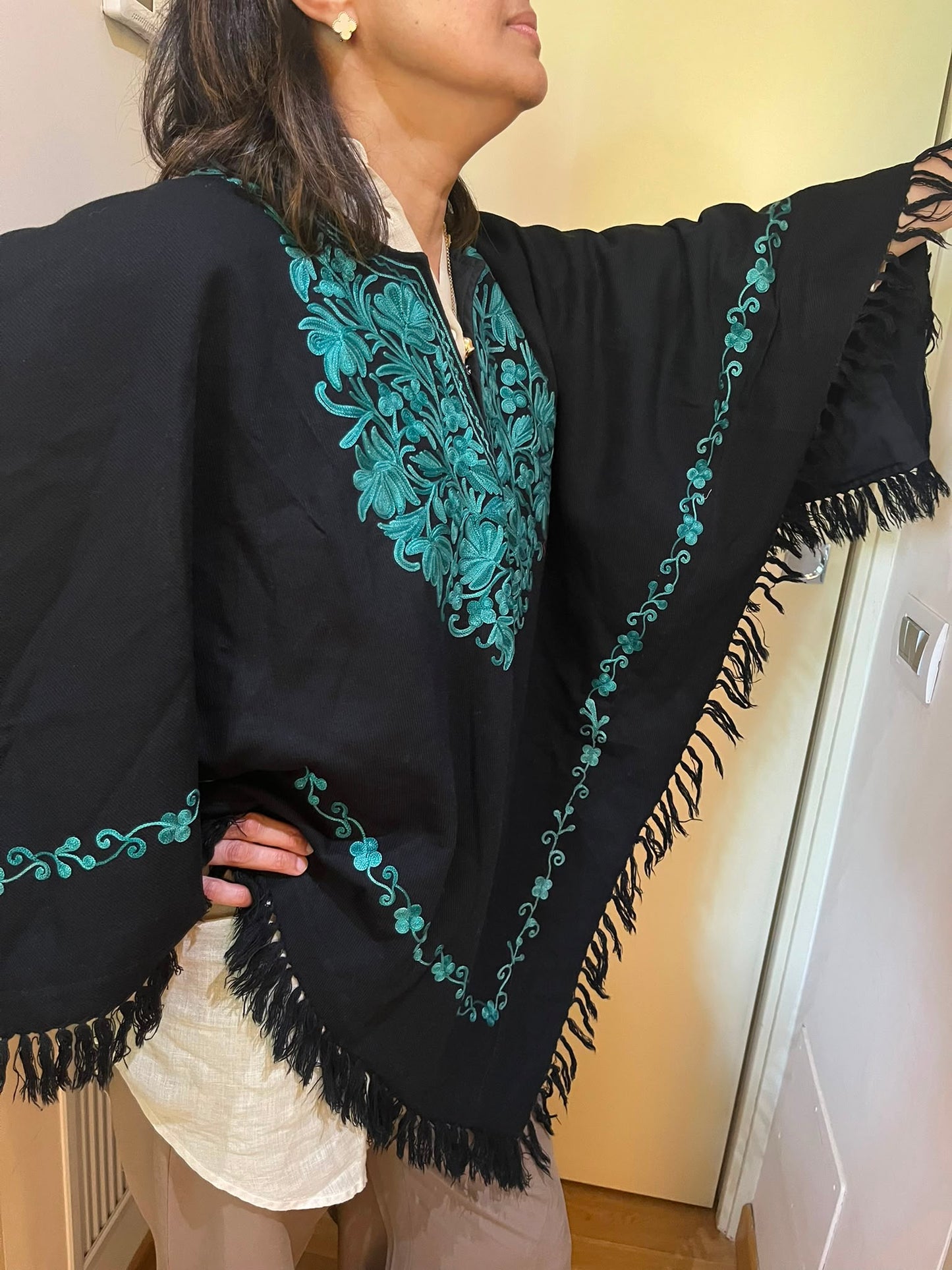 Handmade black  Kashmiri Embroidered Wool Poncho Cape
