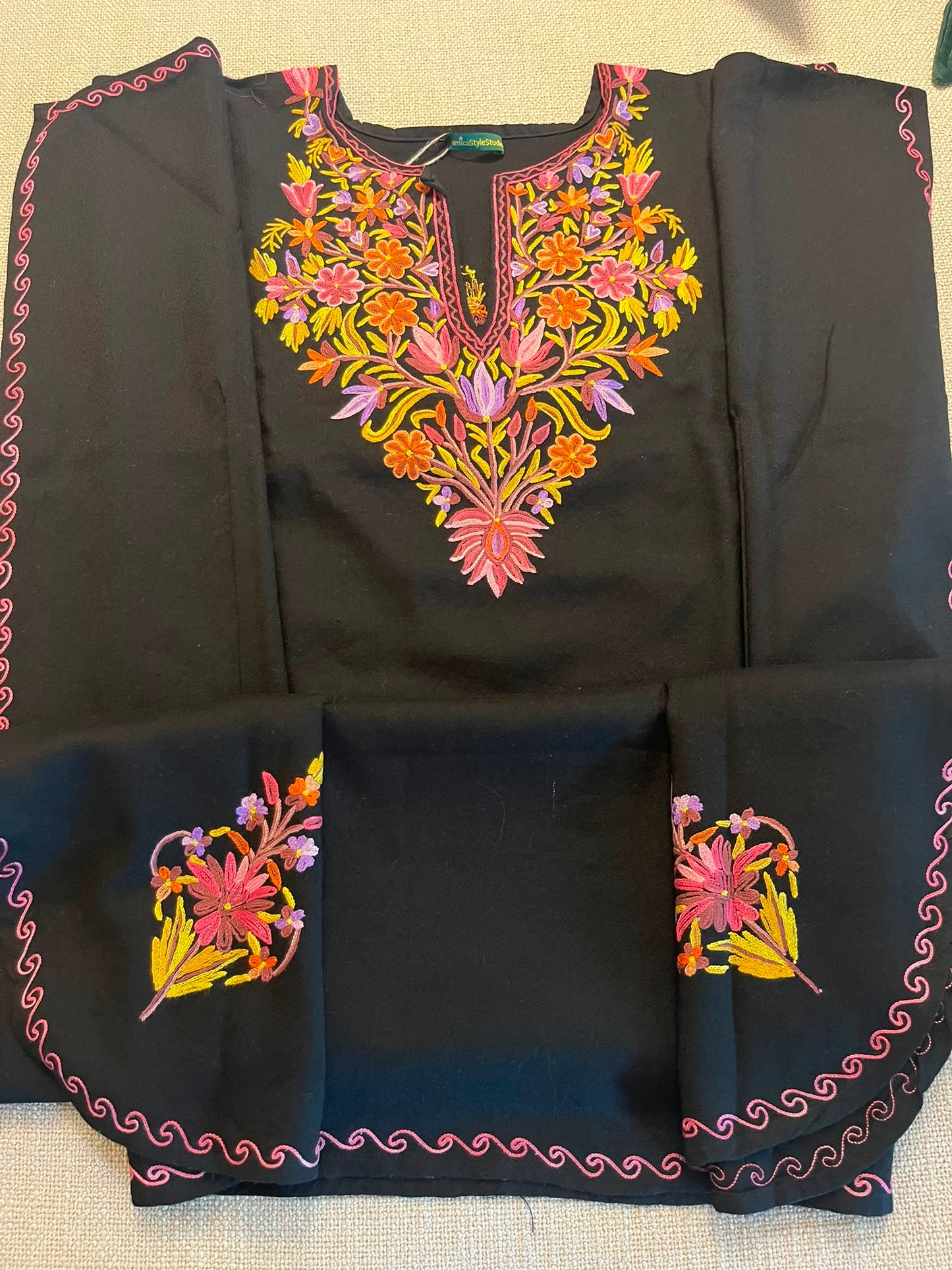 Handmade black Kashmiri Embroidered Wool Poncho Cape: Bohemian Kaftan (125 cm)