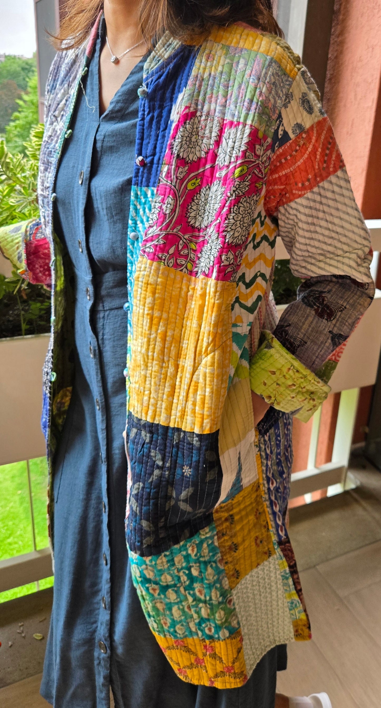Handmade Green Kantha Long Jacket