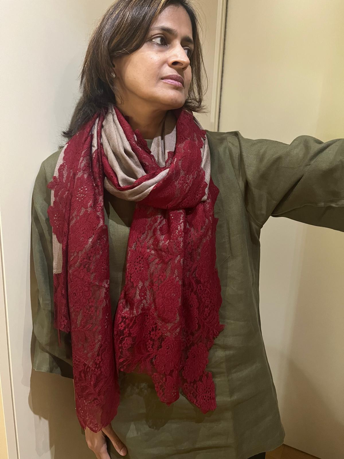 Semi Pashmina Stole with Net Lace Border | Handwoven Artisan Made Luxury Shawl in Red & Brown