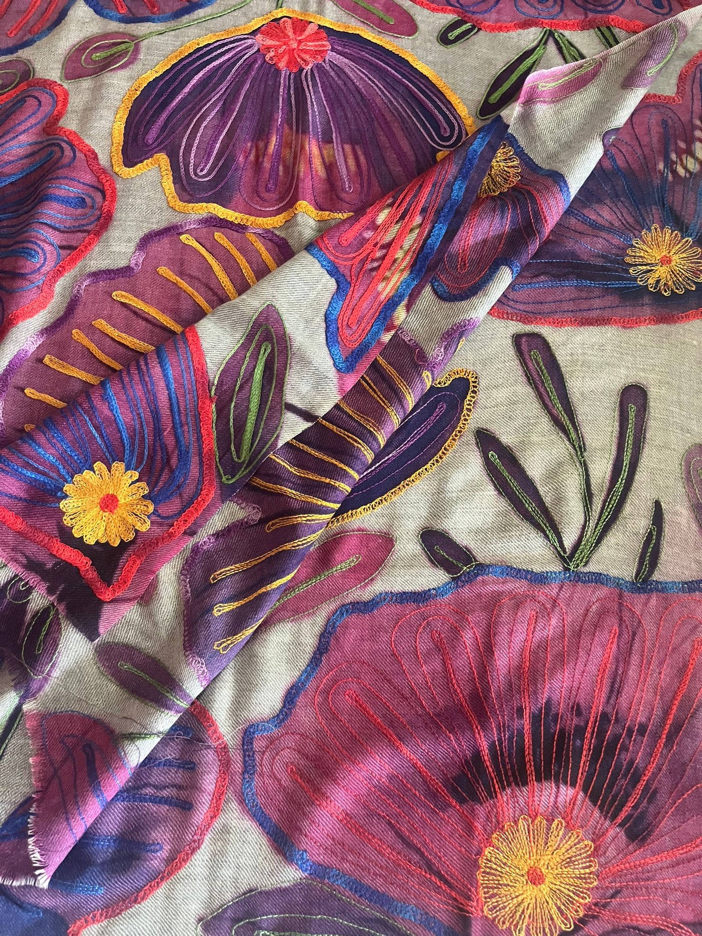 Pashmina  Wool Shawl Hand painted Embroidered Kashmir | Folk ArtWrap | Wedding Gift Heirloom Textile