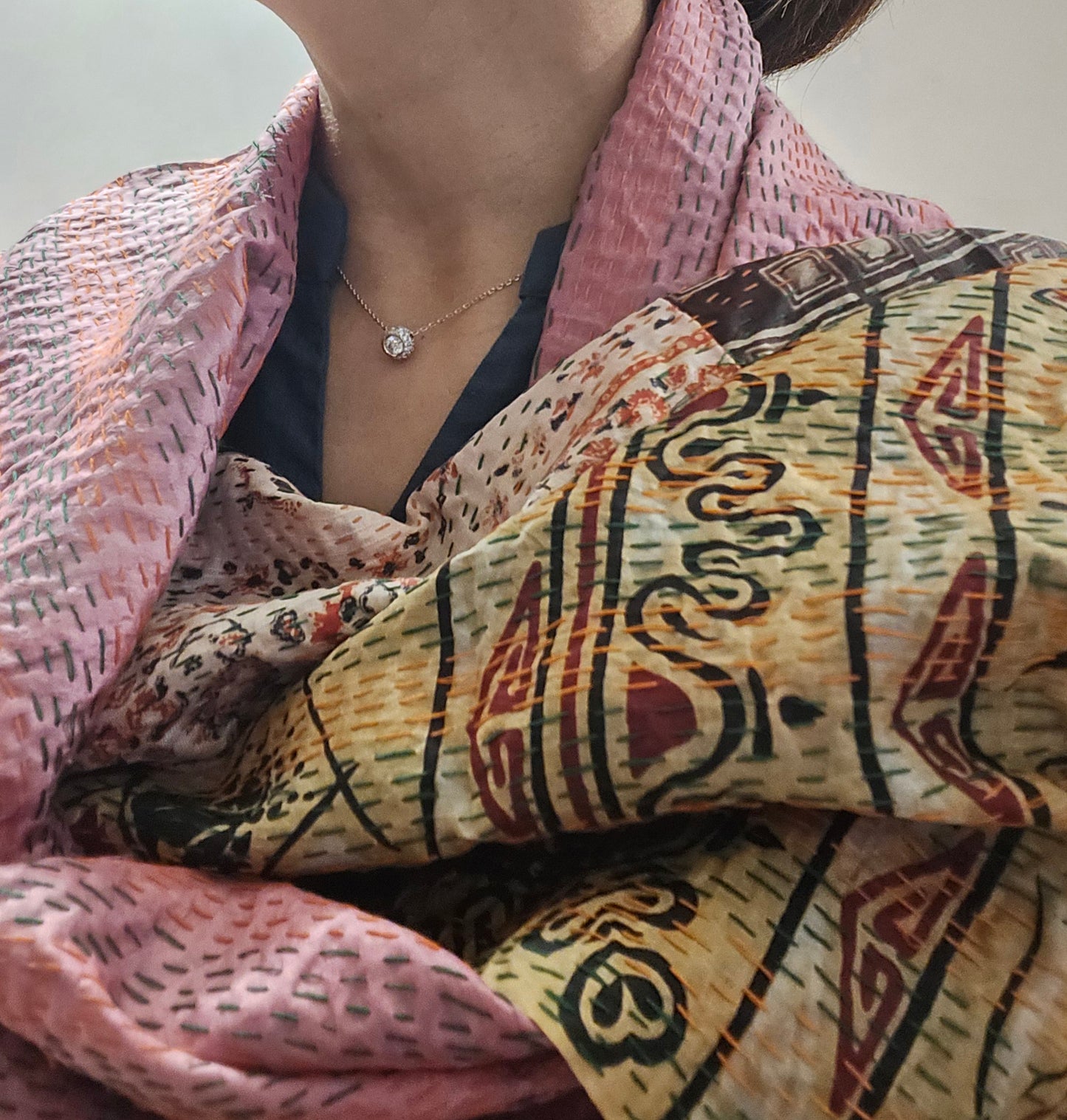 Unique beautiful handmade kantha mulberry silk Reversible stole