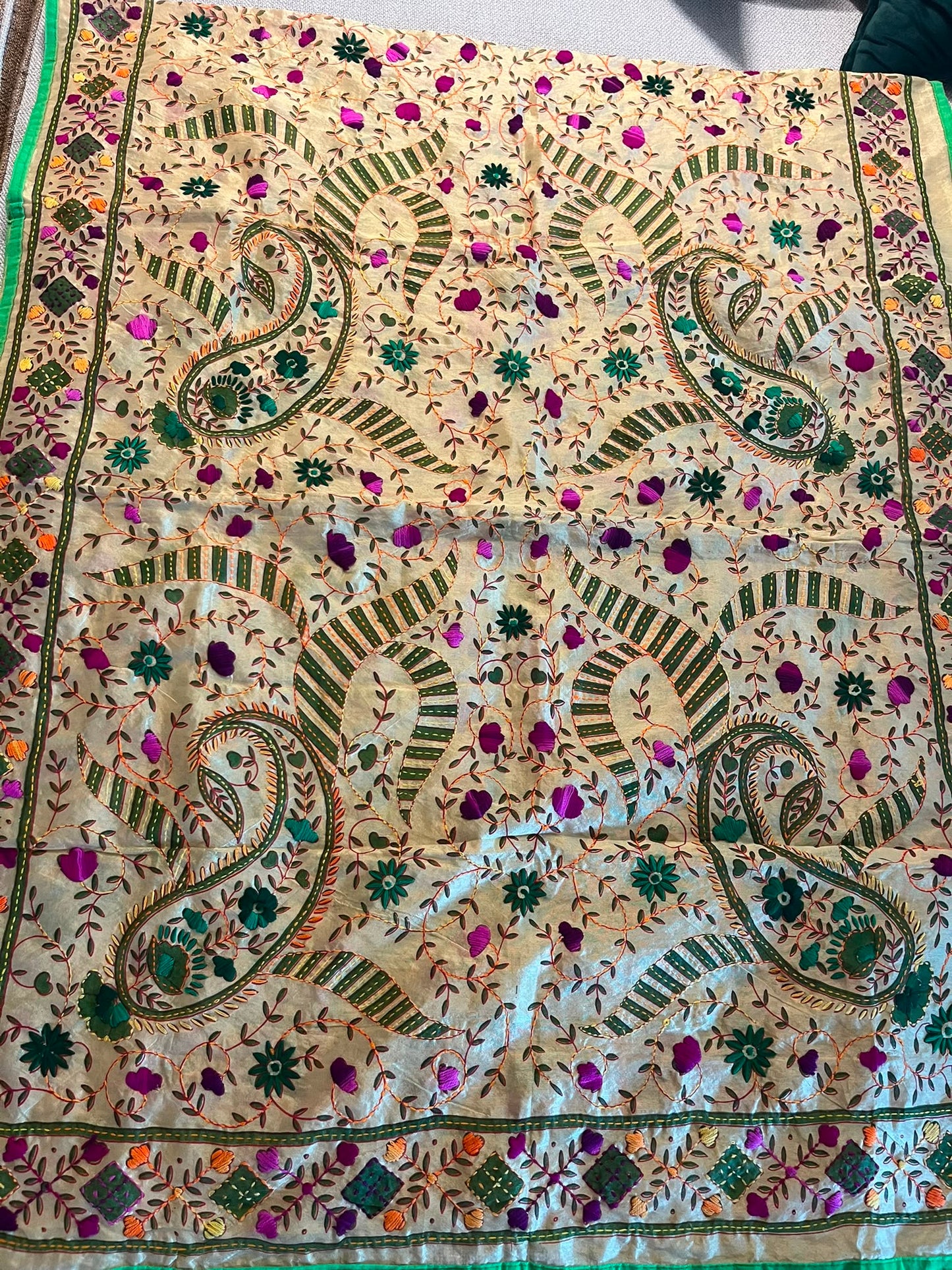 Hand Embroidered Tussar Silk Scarf: Floral Kantha Work Dupatta