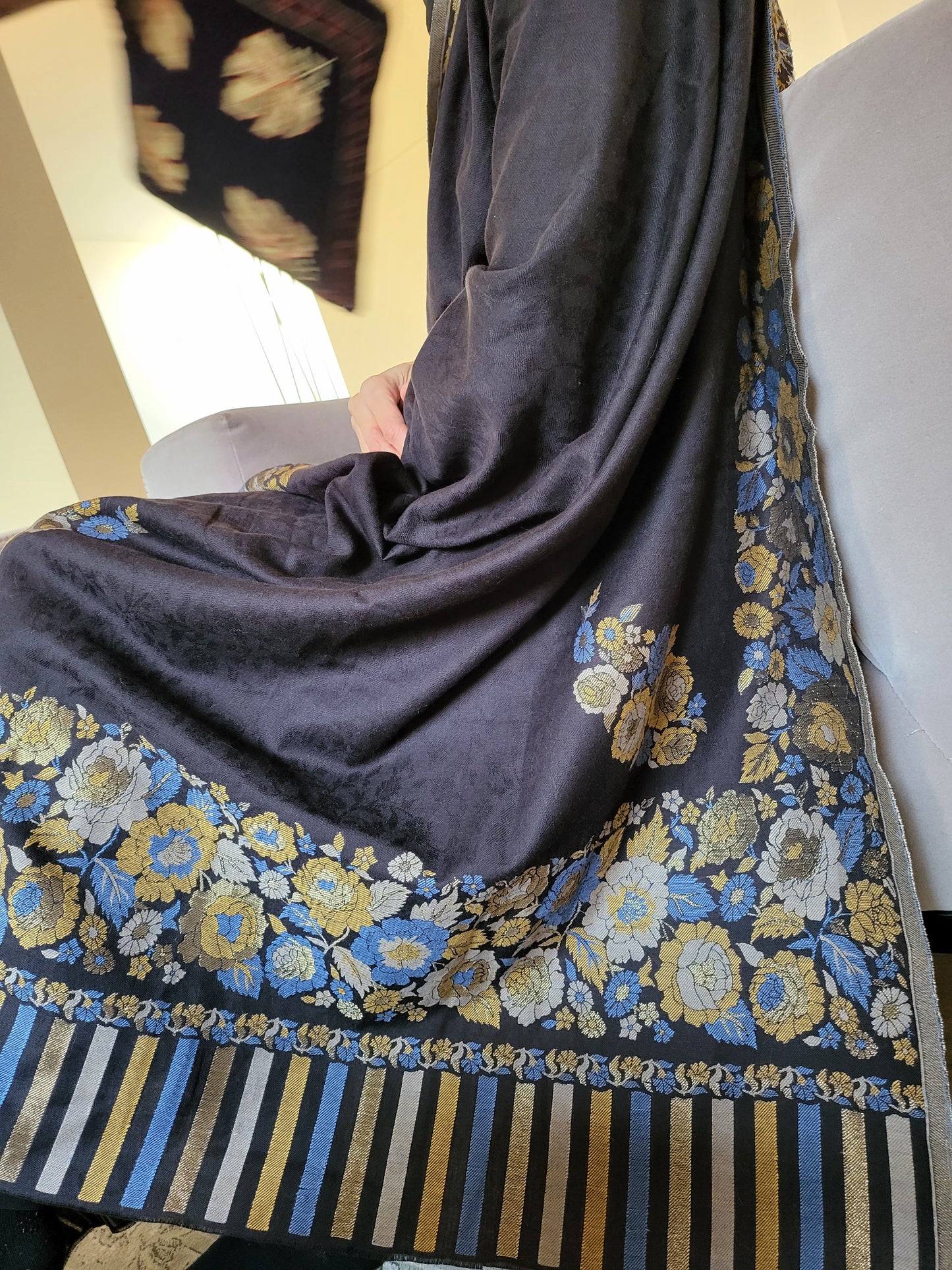 Indian Handmade shawl /fine Zari work black blue gold pashmina/women shawl/All season women shawl/hand woven shawl