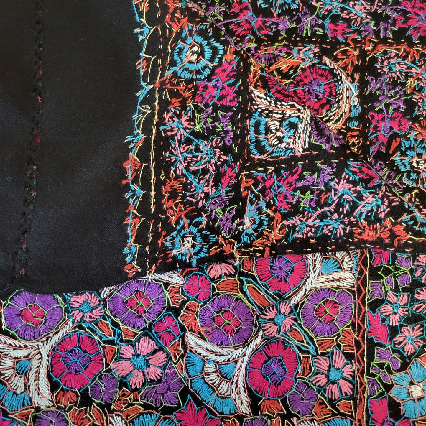 Elegant Hand embroidered artisan made warm Sozni / Sozan kaari  black shawl/scarf with multicolour Embroidery