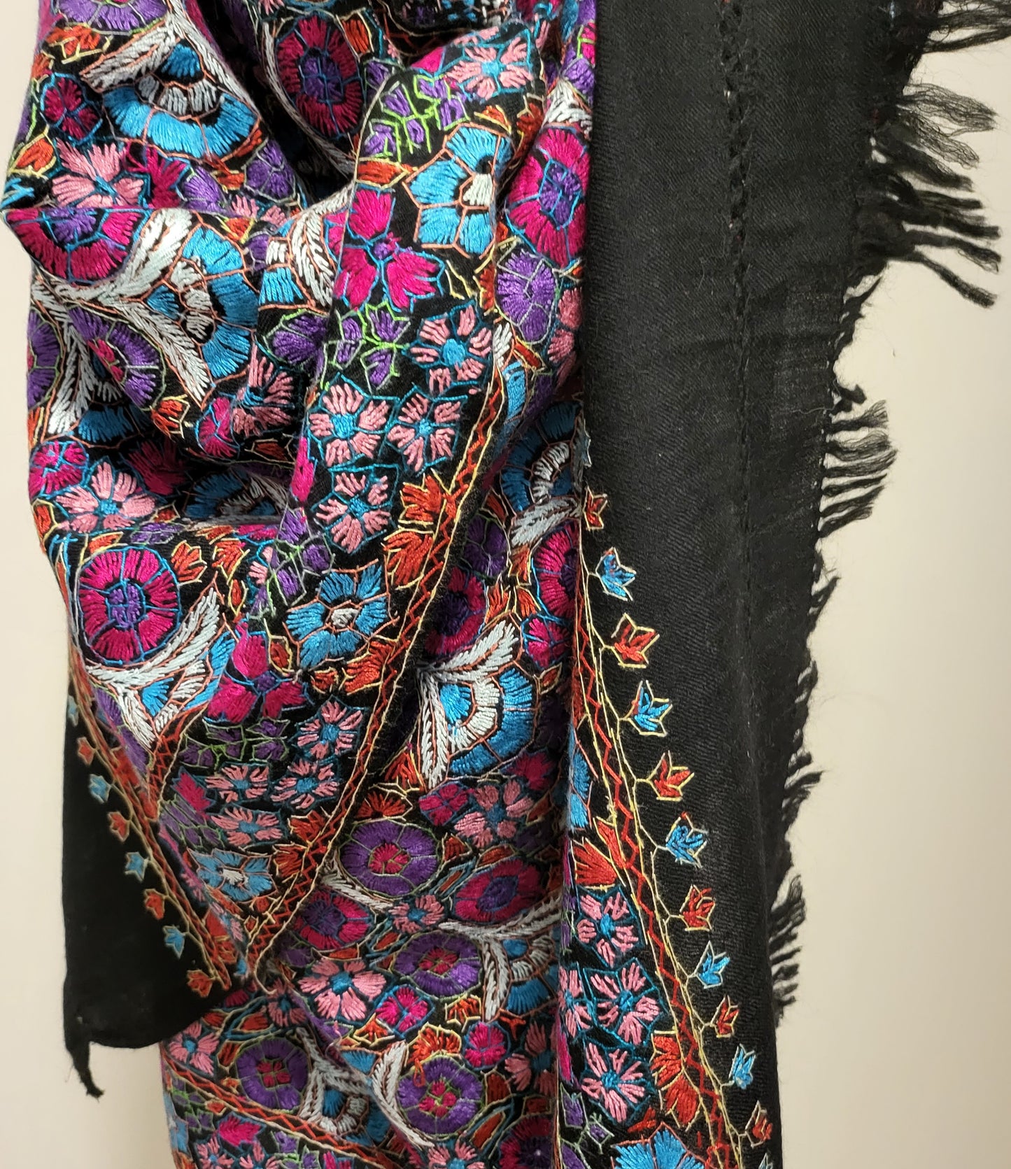 Elegant Hand embroidered artisan made warm Sozni / Sozan kaari  black shawl/scarf with multicolour Embroidery