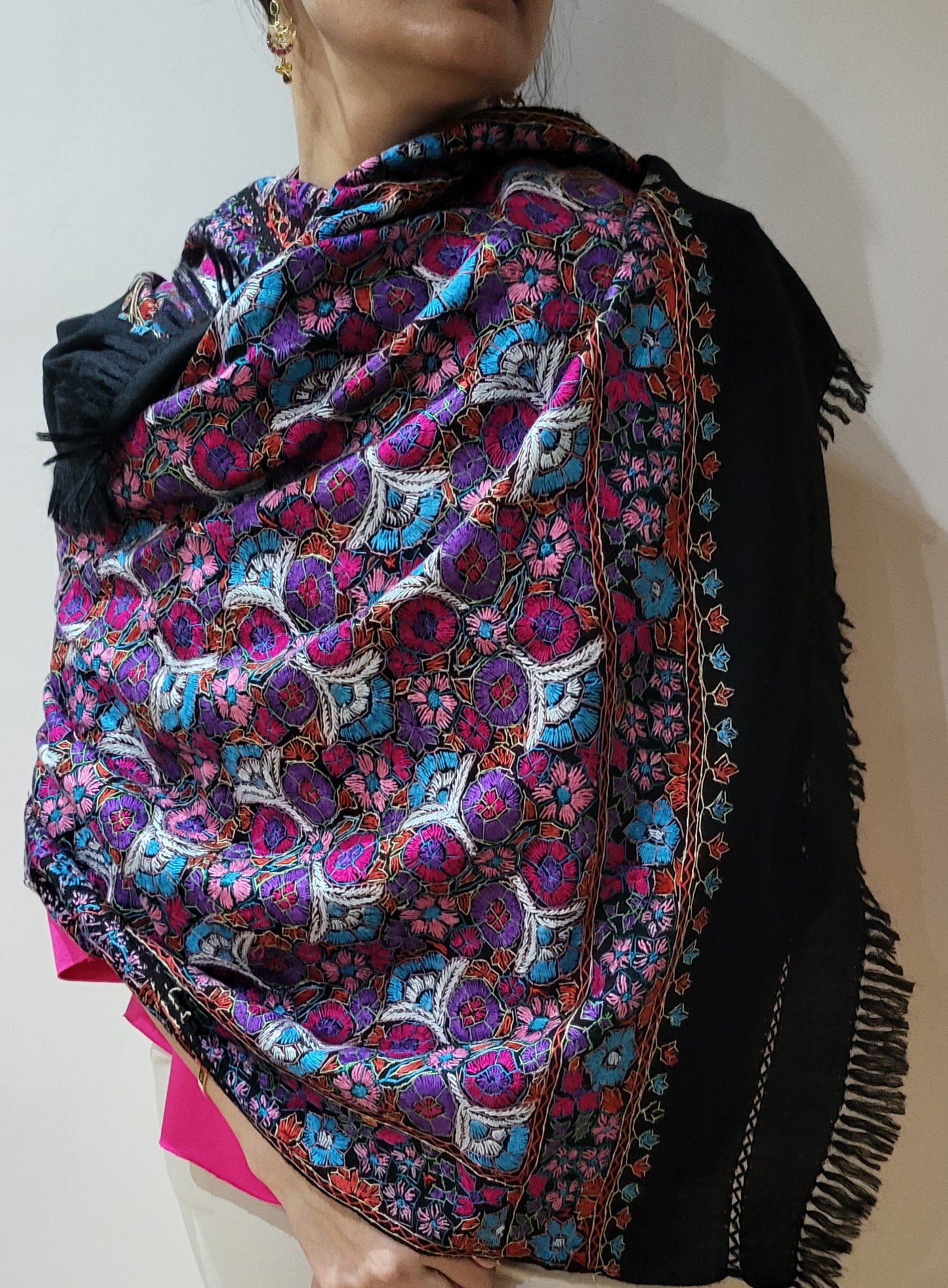 Elegant Hand embroidered artisan made warm Sozni / Sozan kaari  black shawl/scarf with multicolour Embroidery