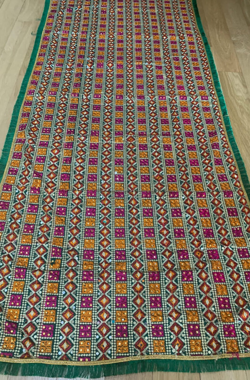 traditionally made green phulkari stole/dupatta with mirror snd crystal