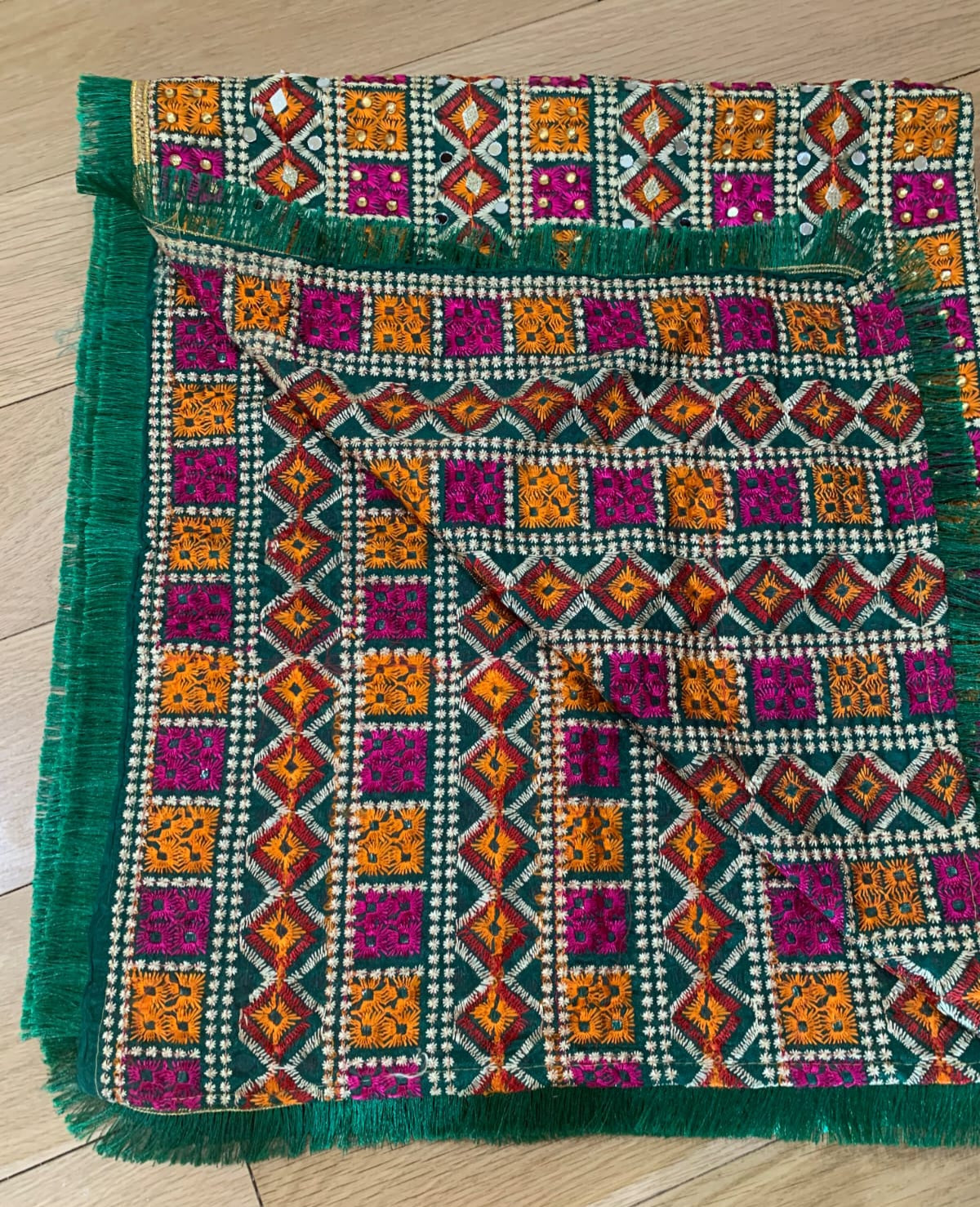 traditionally made green phulkari stole/dupatta with mirror snd crystal