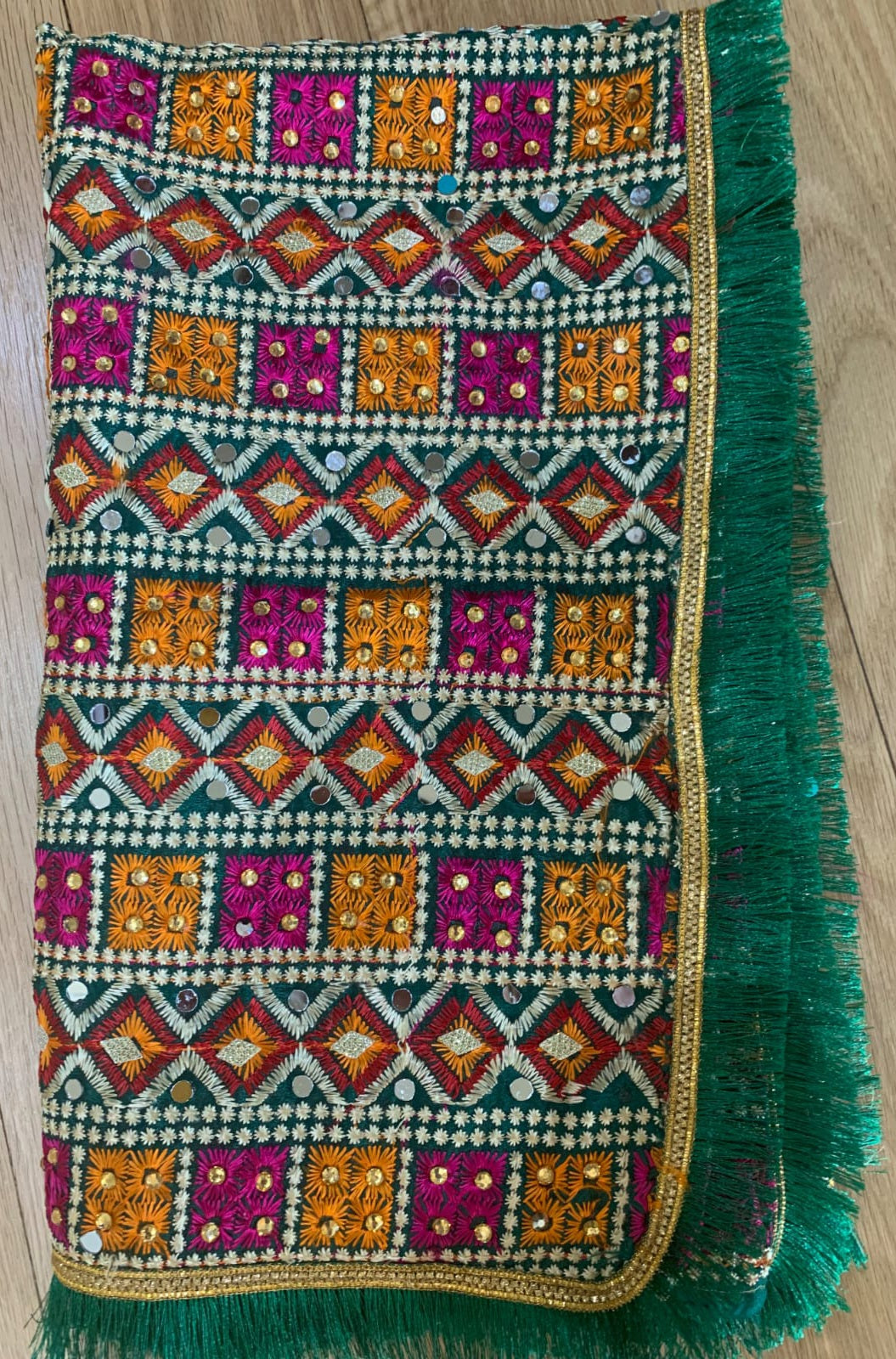 traditionally made green phulkari stole/dupatta with mirror snd crystal