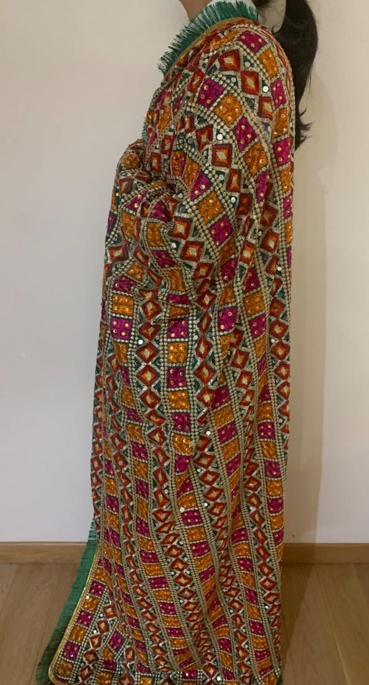 traditionally made green phulkari stole/dupatta with mirror snd crystal