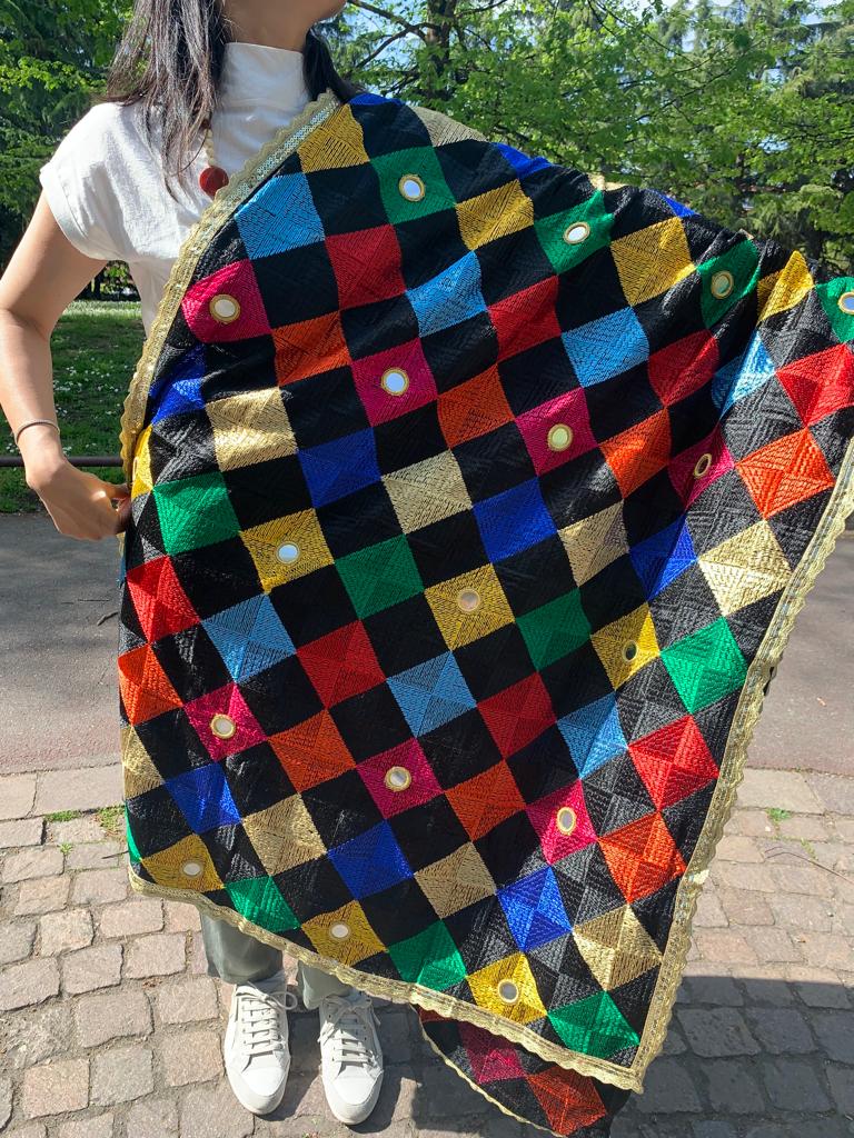 Traditionally made elegant multicolour geometric  phulkari stole/dupatta with mirror and thread work