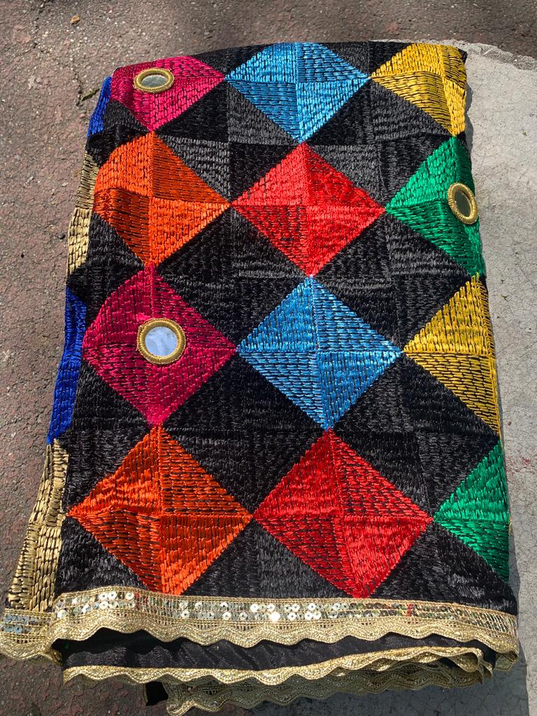 Traditionally made elegant multicolour geometric  phulkari stole/dupatta with mirror and thread work