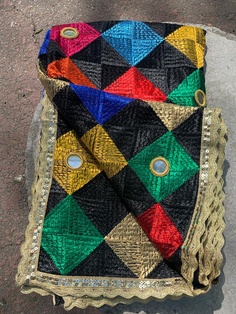 Traditionally made elegant multicolour geometric  phulkari stole/dupatta with mirror and thread work