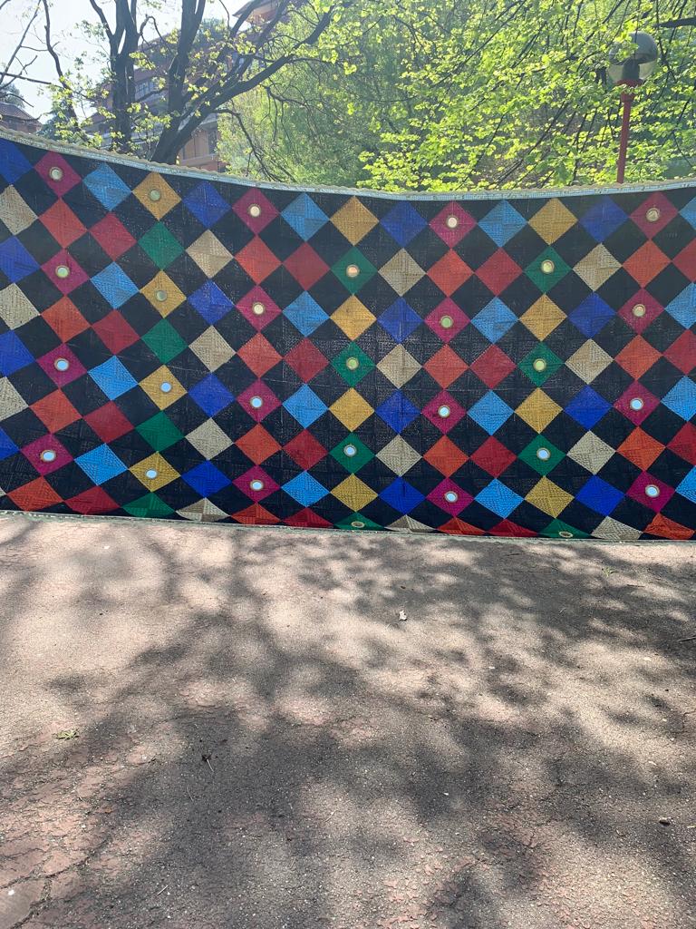 Traditionally made elegant multicolour geometric  phulkari stole/dupatta with mirror and thread work