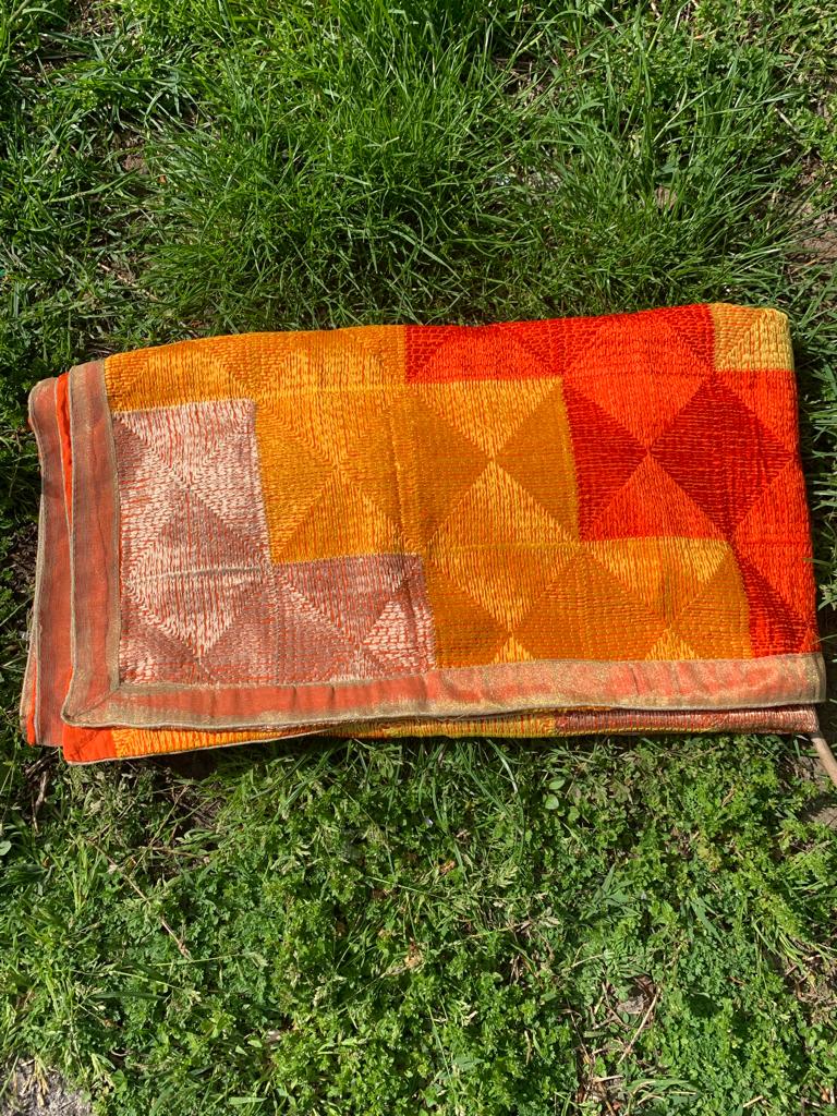 Traditionally made elegant orange yellow phulkari with zari border