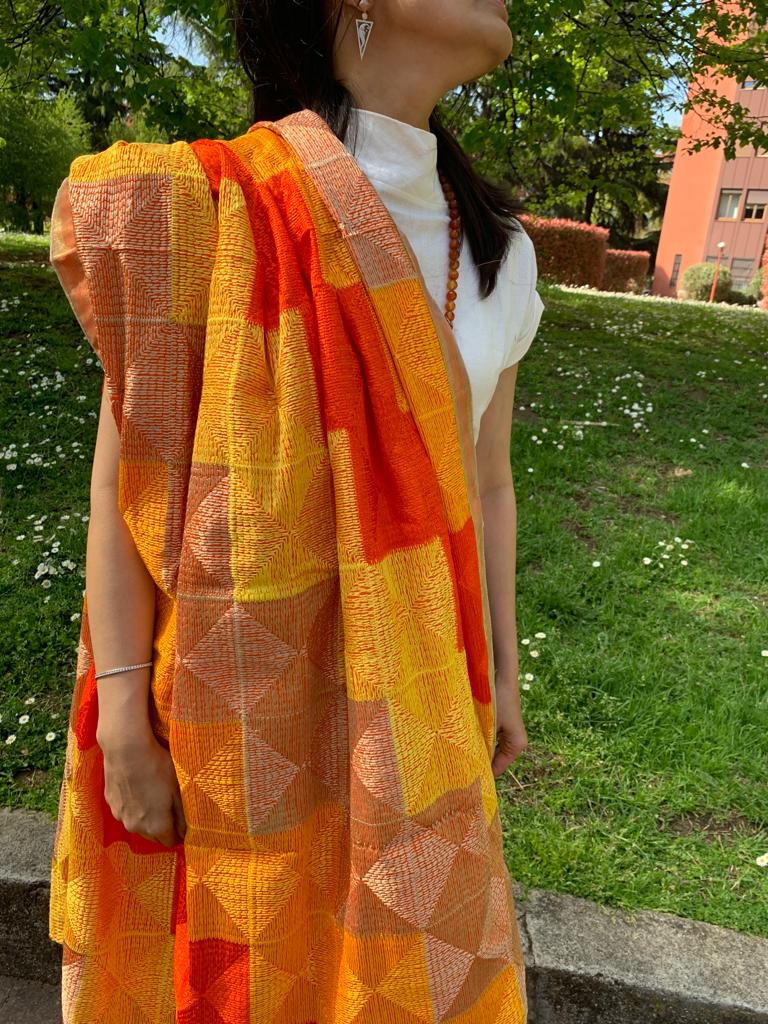 Traditionally made elegant orange yellow phulkari with zari border