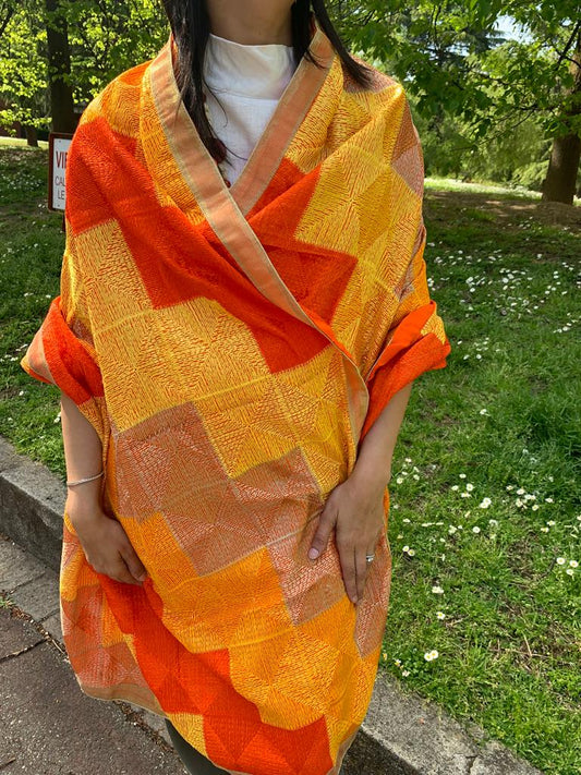 Traditionally made elegant orange yellow phulkari with zari border