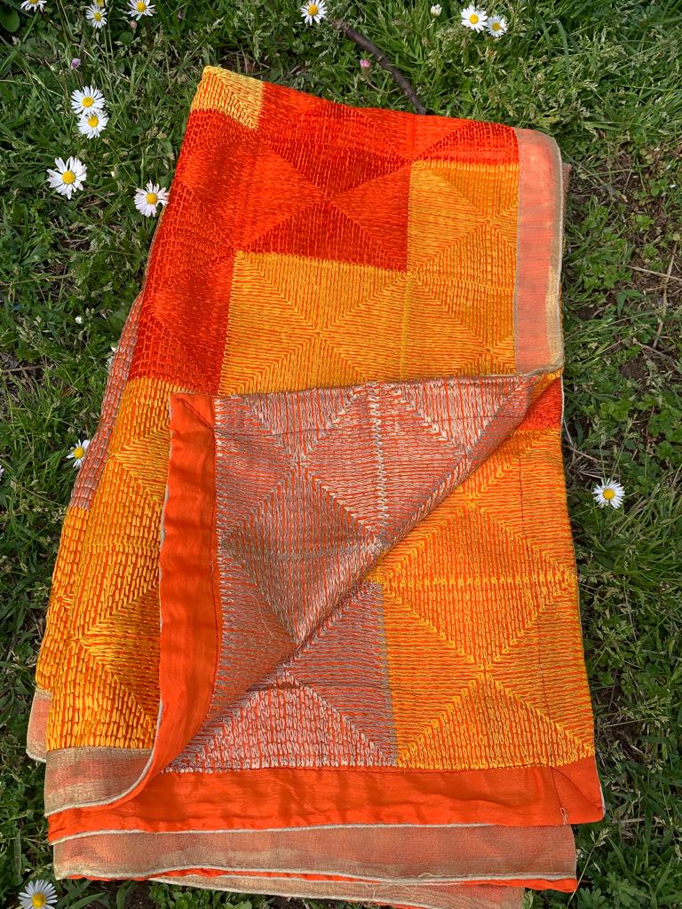 Traditionally made elegant orange yellow phulkari with zari border