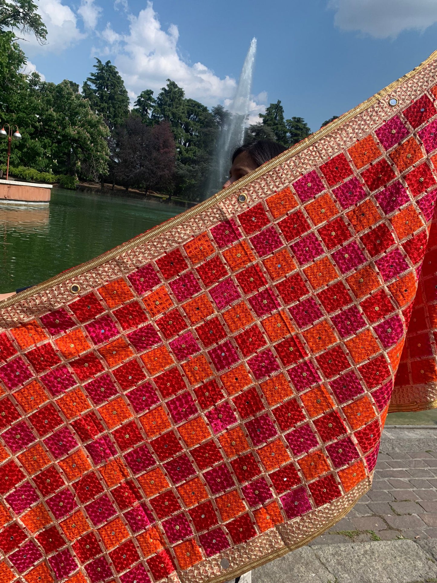 Handmade traditional elegant orange pink colour Phulkari dupatta with mirror golden leaf thread hand work