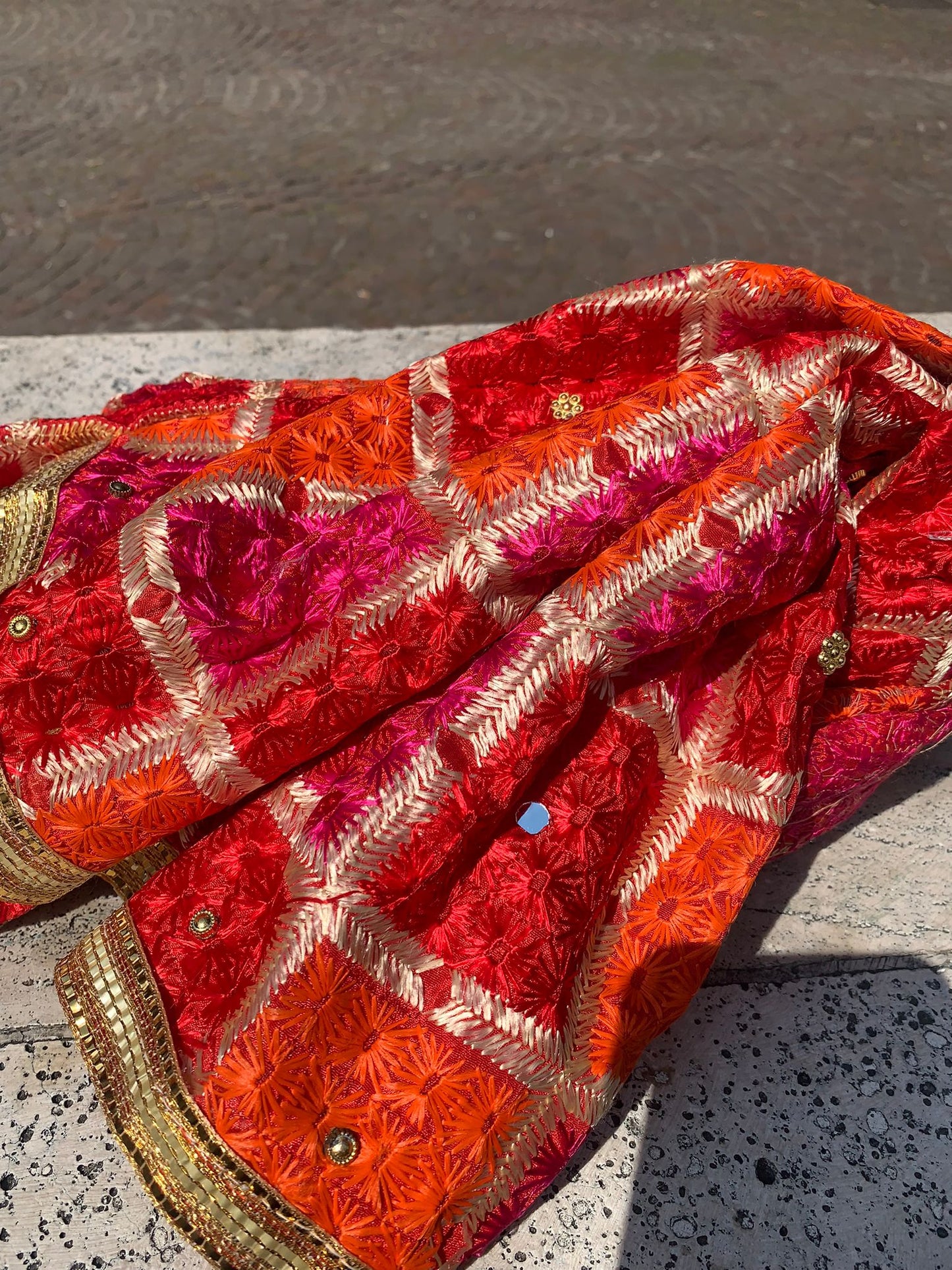 Handmade traditional elegant orange pink colour Phulkari dupatta with mirror golden leaf thread hand work