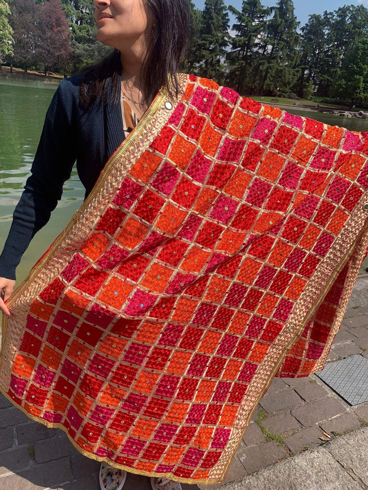 Handmade traditional elegant orange pink colour Phulkari dupatta with mirror golden leaf thread hand work