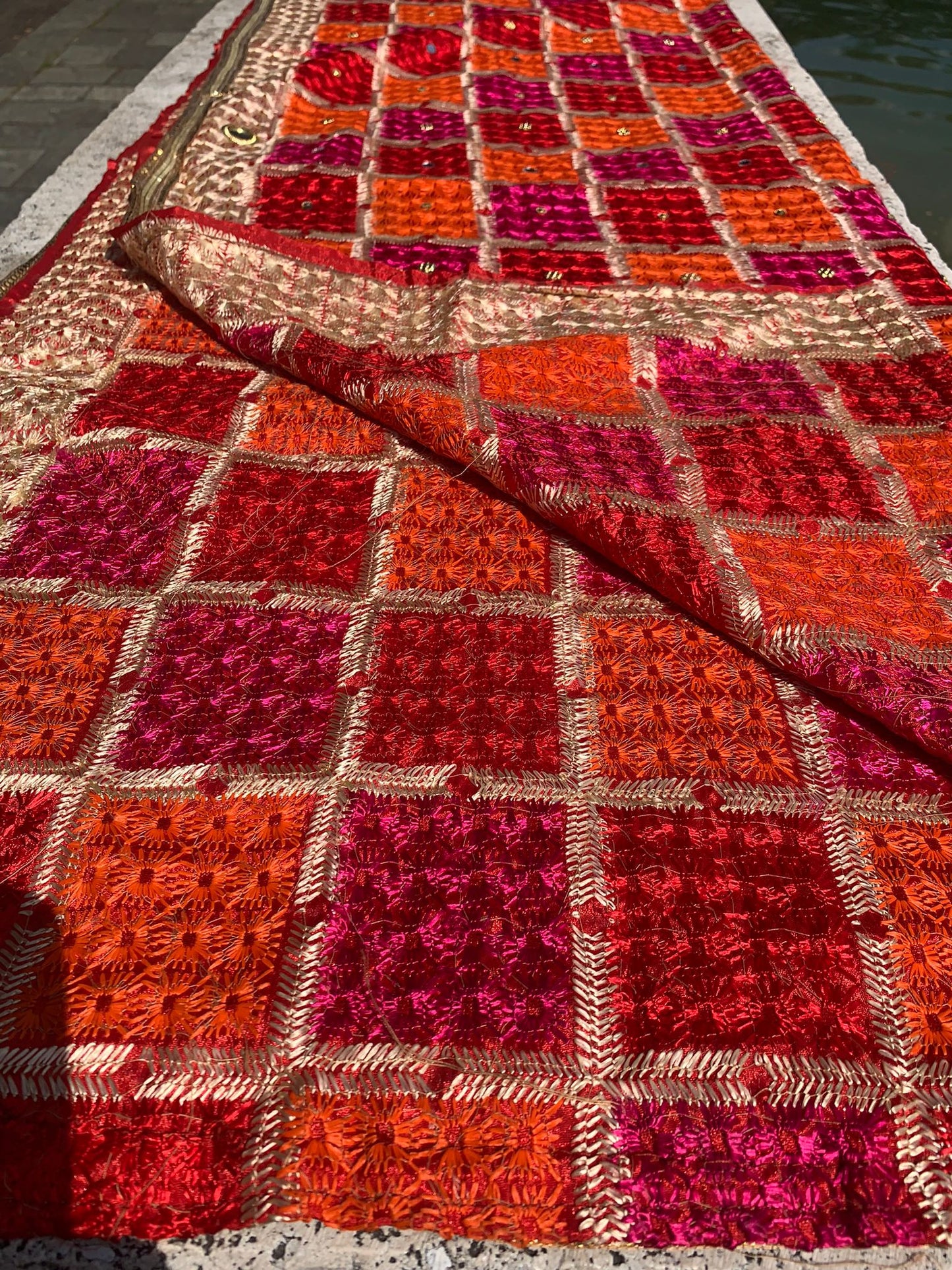 Handmade traditional elegant orange pink colour Phulkari dupatta with mirror golden leaf thread hand work