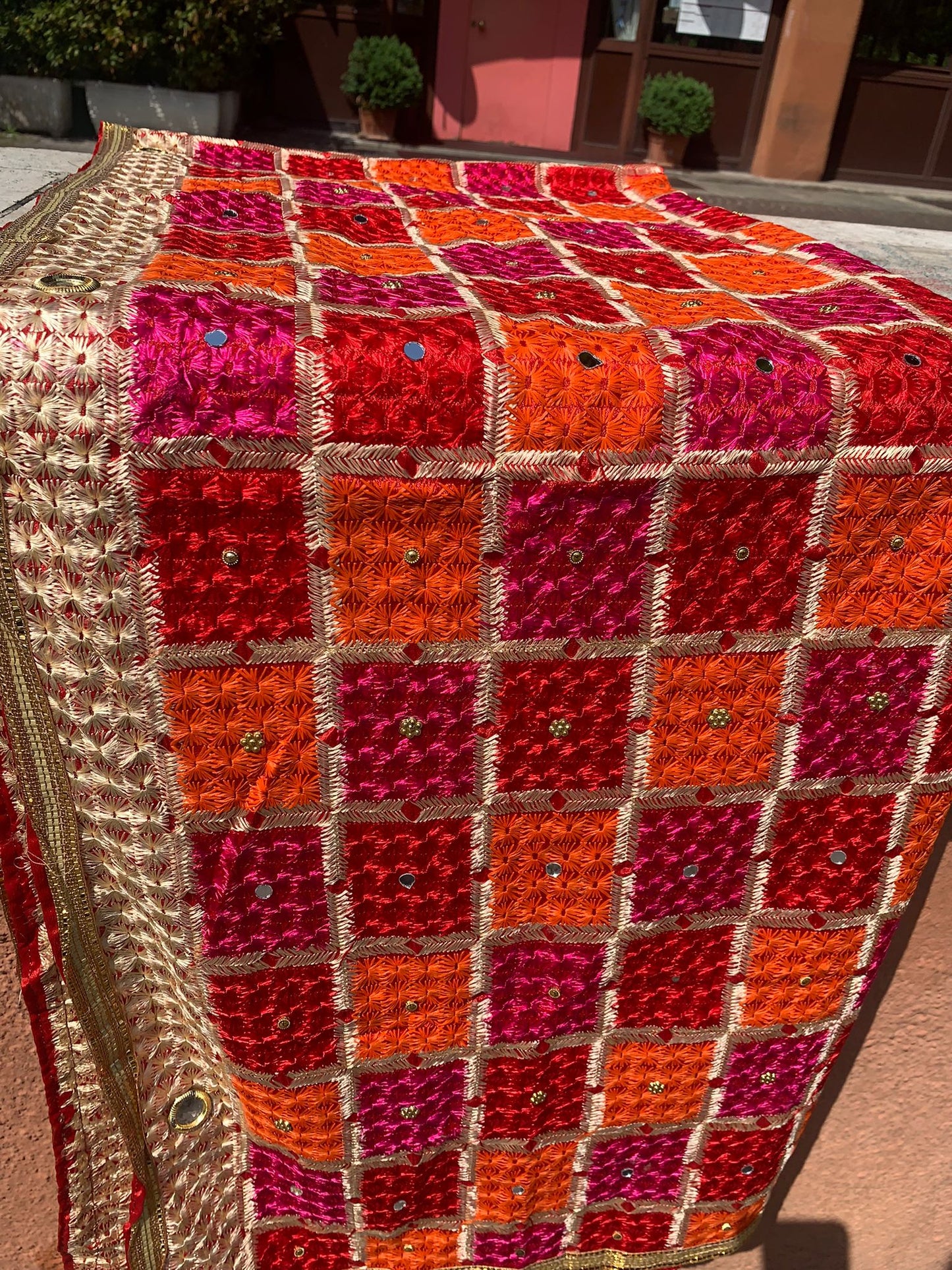 Handmade traditional elegant orange pink colour Phulkari dupatta with mirror golden leaf thread hand work