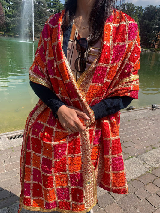 Handmade traditional elegant orange pink colour Phulkari dupatta with mirror golden leaf thread hand work