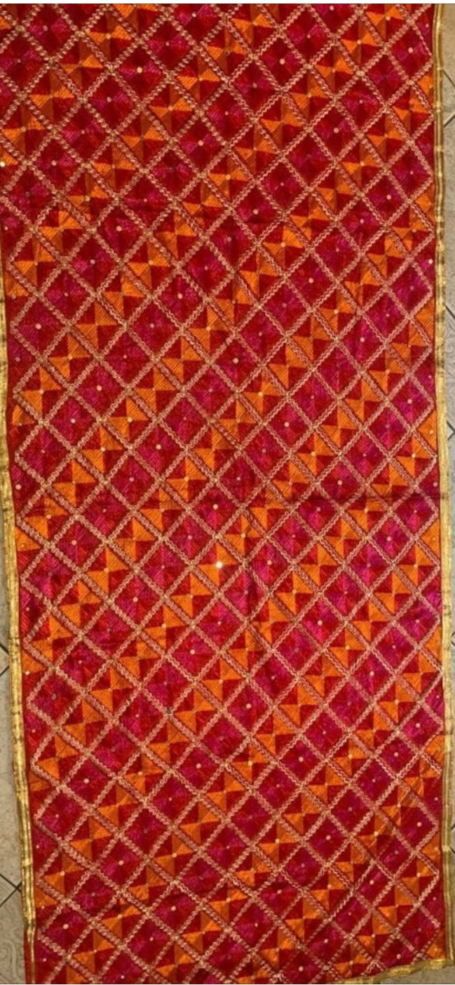 Handmade traditional elegant orange pink colour Phulkari dupatta with mirror golden leaf thread hand work