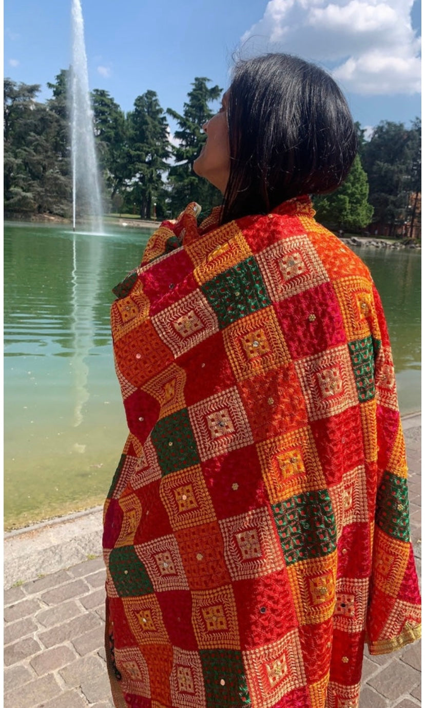 Handmade Traditional multicolour Phulkari Dupatta with mirror gota and thread with geometric design from Punjab India