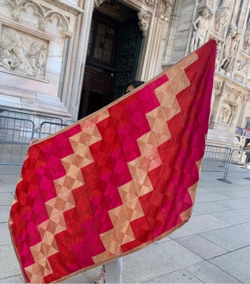 Handmade elegant Phulakari dupatta peach orange and beige colour with golden border from Punjab Phulkari